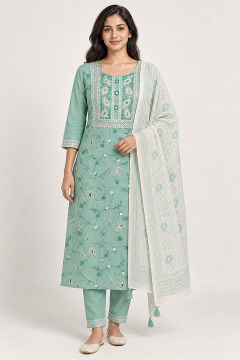Mint green paisley suit set with matching trousers and a light printed dupatta