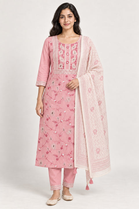 Pink paisley suit set with matching trousers and a light printed dupatta