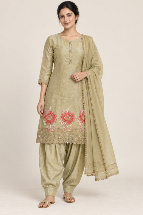Olive gold suit set with floral detailing, gathered salwar trousers and a matching dupatta