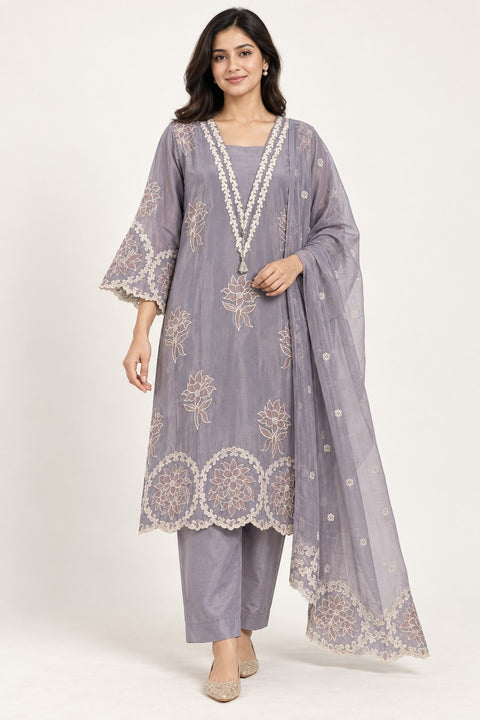 Lavender grey floral suit set with matching trousers and dupatta