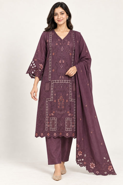 Plum suit set with floral detailing, cutwork sleeves, matching trousers and dupatta