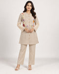 Beige floral jute button-front co-ord set with matching trousers.