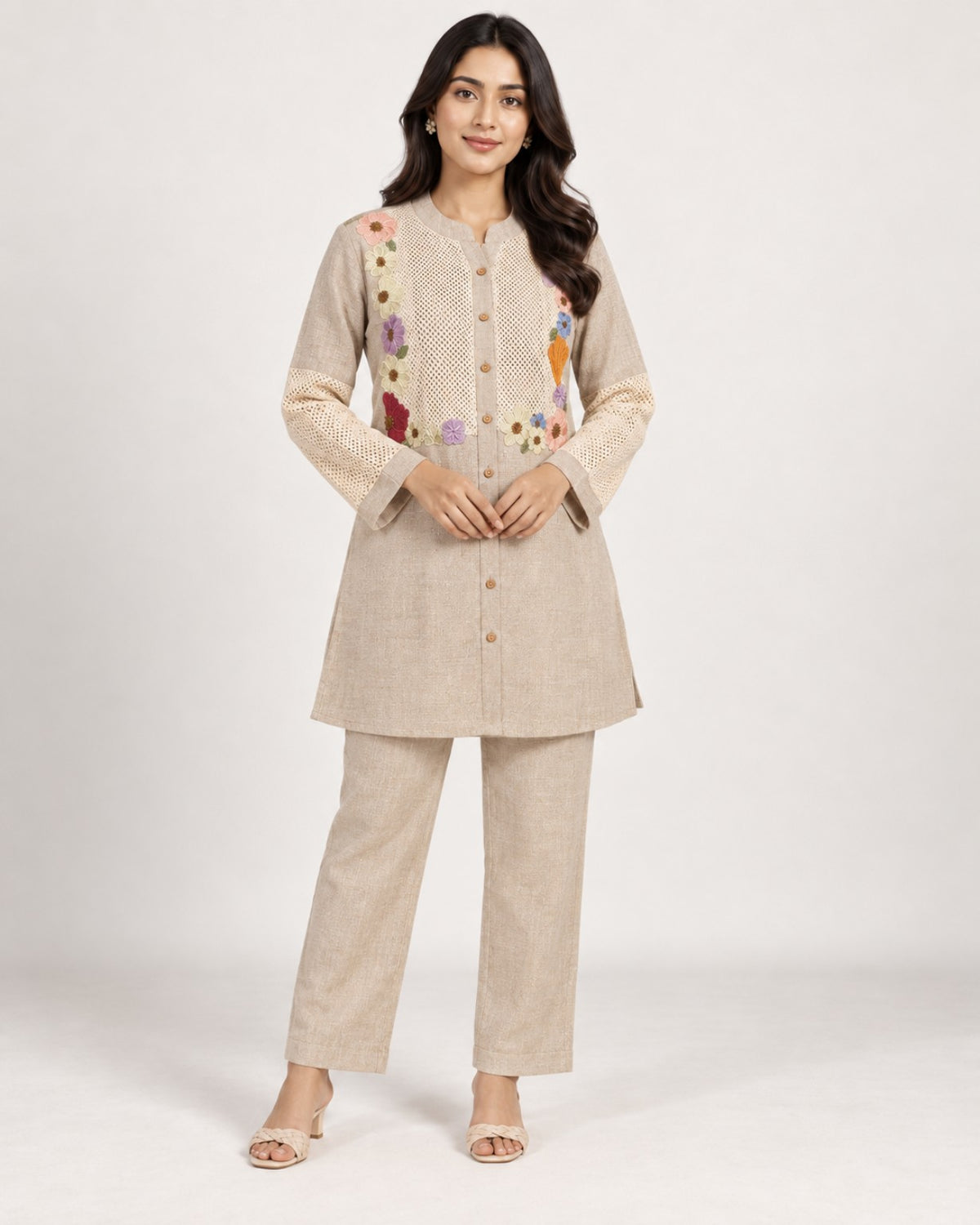 Beige floral jute button-front co-ord set with matching trousers.
