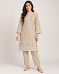 Beige and pink geometric khadi co-ord set with matching trousers.