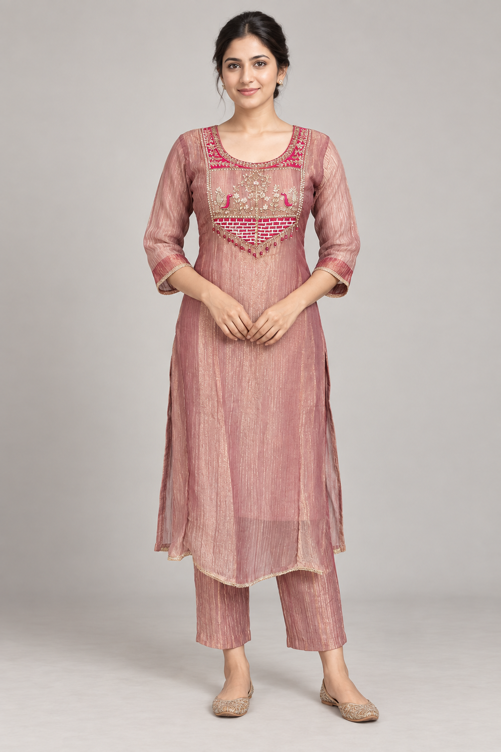 AI model wearing a dusty rose kurta set with pink peacock motifs and matching trousers.