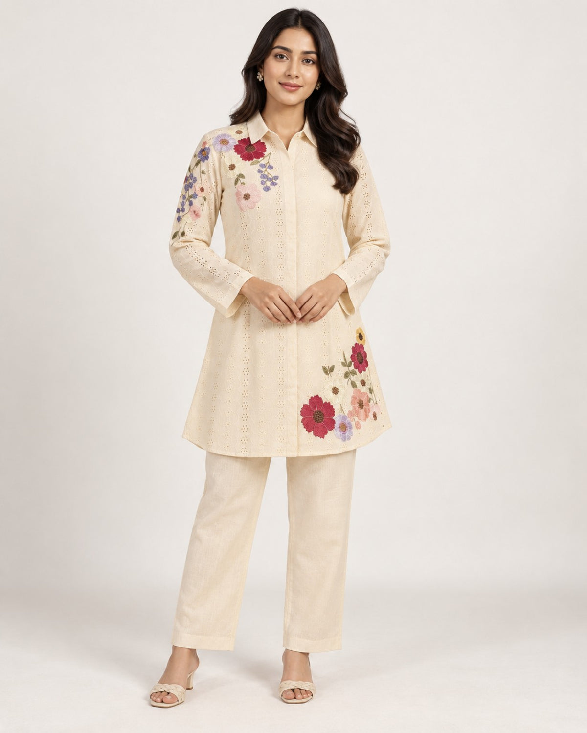 Ivory floral embroidered cotton co-ord set with matching trousers.
