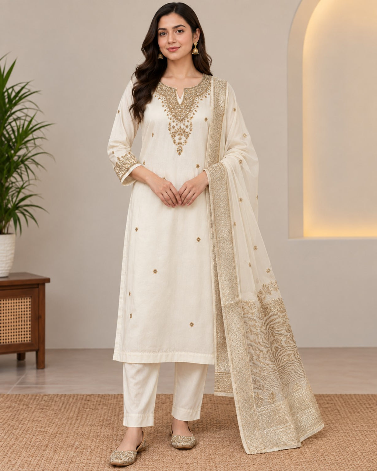 Ivory gold Chanderi stitched suit shown with matching trousers and a gold-bordered dupatta.