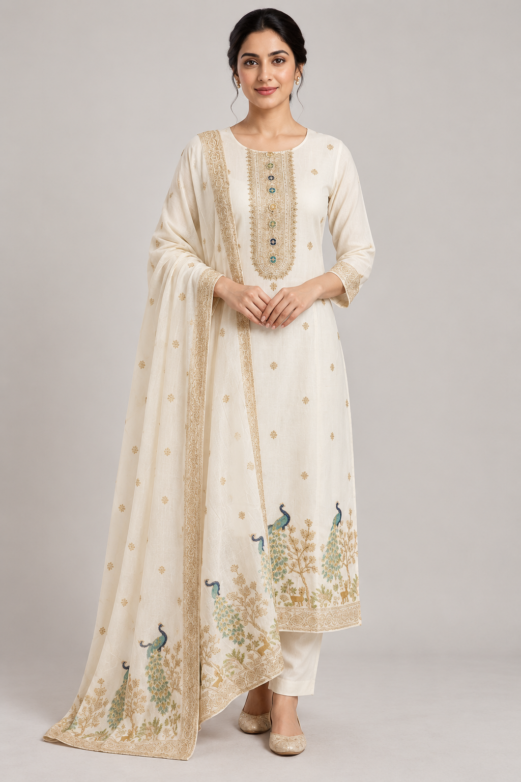 AI model wearing an ivory ready-made suit with gold detailing, teal peacock motifs and a matching dupatta.