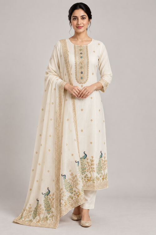 AI model wearing an ivory kurta with gold detailing, teal peacock motifs and matching bordered dupatta.