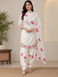 Ivory pink floral satin stitched suit shown with floral salwar trousers and a sheer floral dupatta.