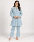 Light blue embroidered cotton co-ord set with matching trousers.