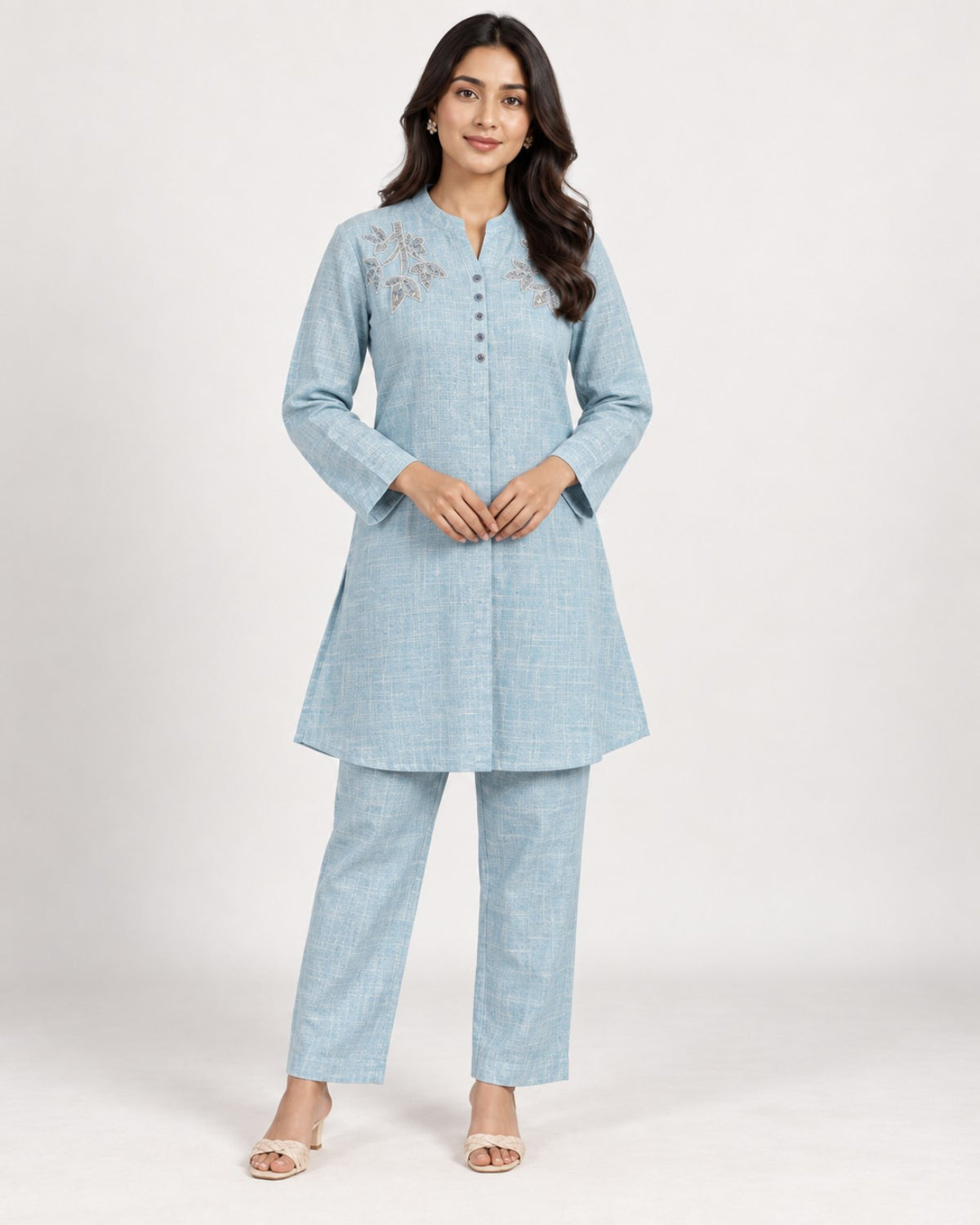 Light blue embroidered cotton co-ord set with matching trousers.