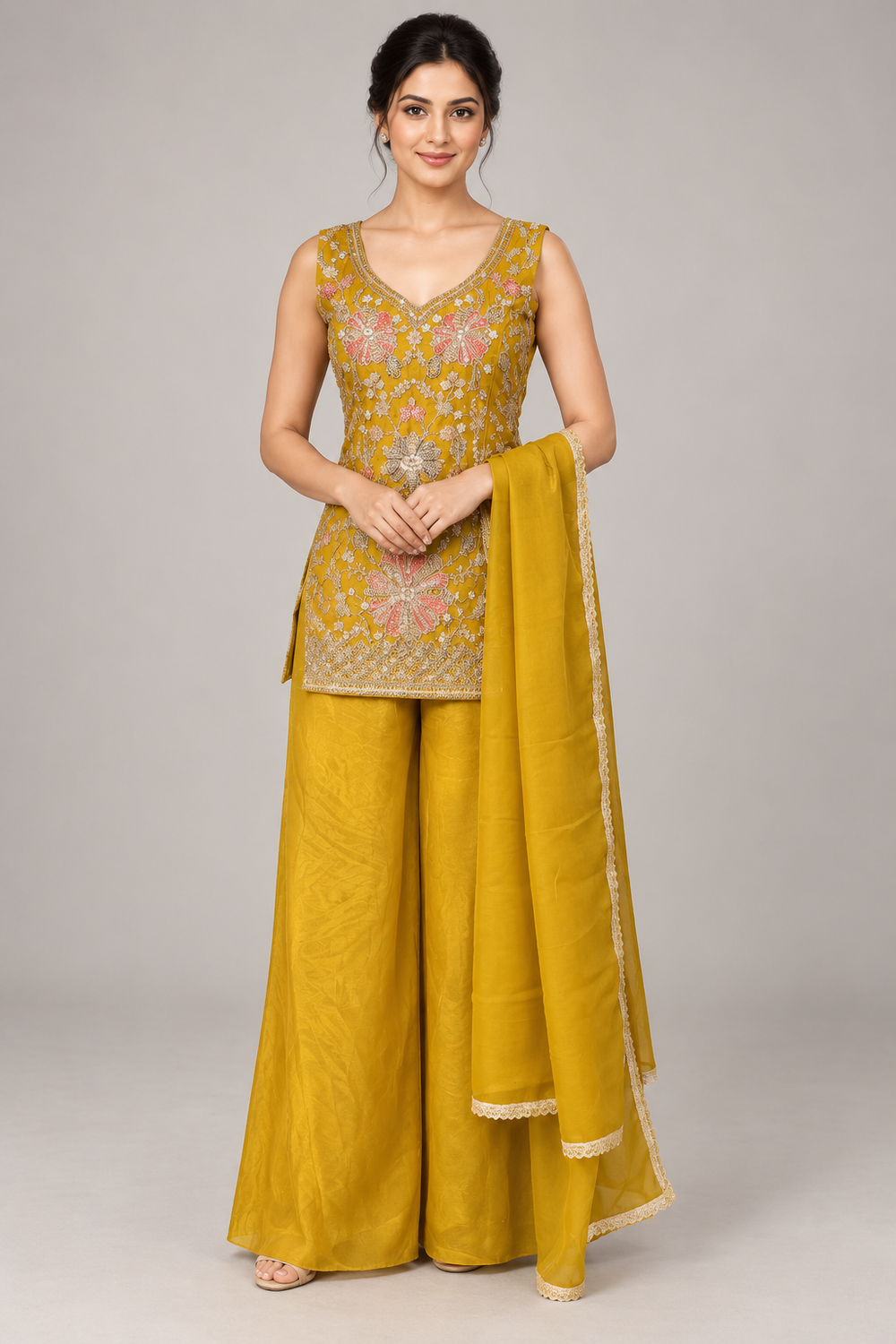 AI model wearing a mustard floral embroidered outfit with wide palazzo trousers and a matching dupatta.