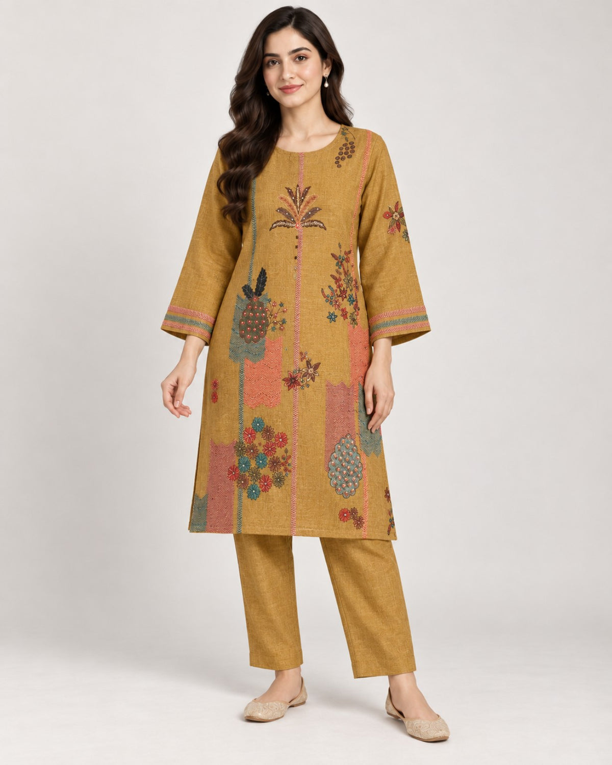 Mustard printed straight kurta and trouser co-ord set with multicolour motifs.