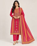 Pink and orange embroidered kurta set with straight trousers and coordinated dupatta.