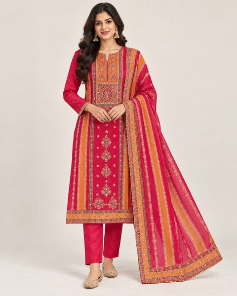 Pink and orange embroidered kurta set with straight trousers and coordinated dupatta.