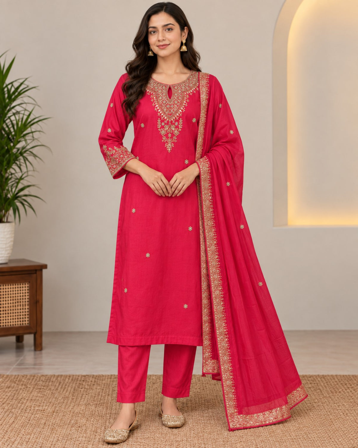 Rani pink embroidered kurta, straight trousers and matching dupatta set.