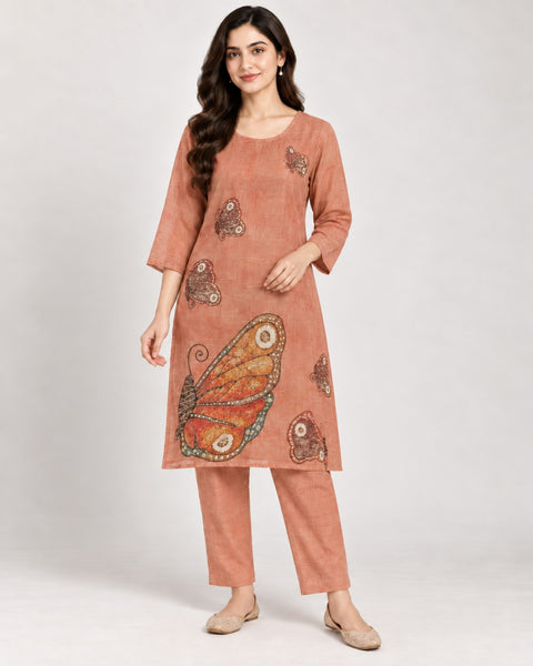 Terracotta butterfly linen co-ord set with matching trousers.
